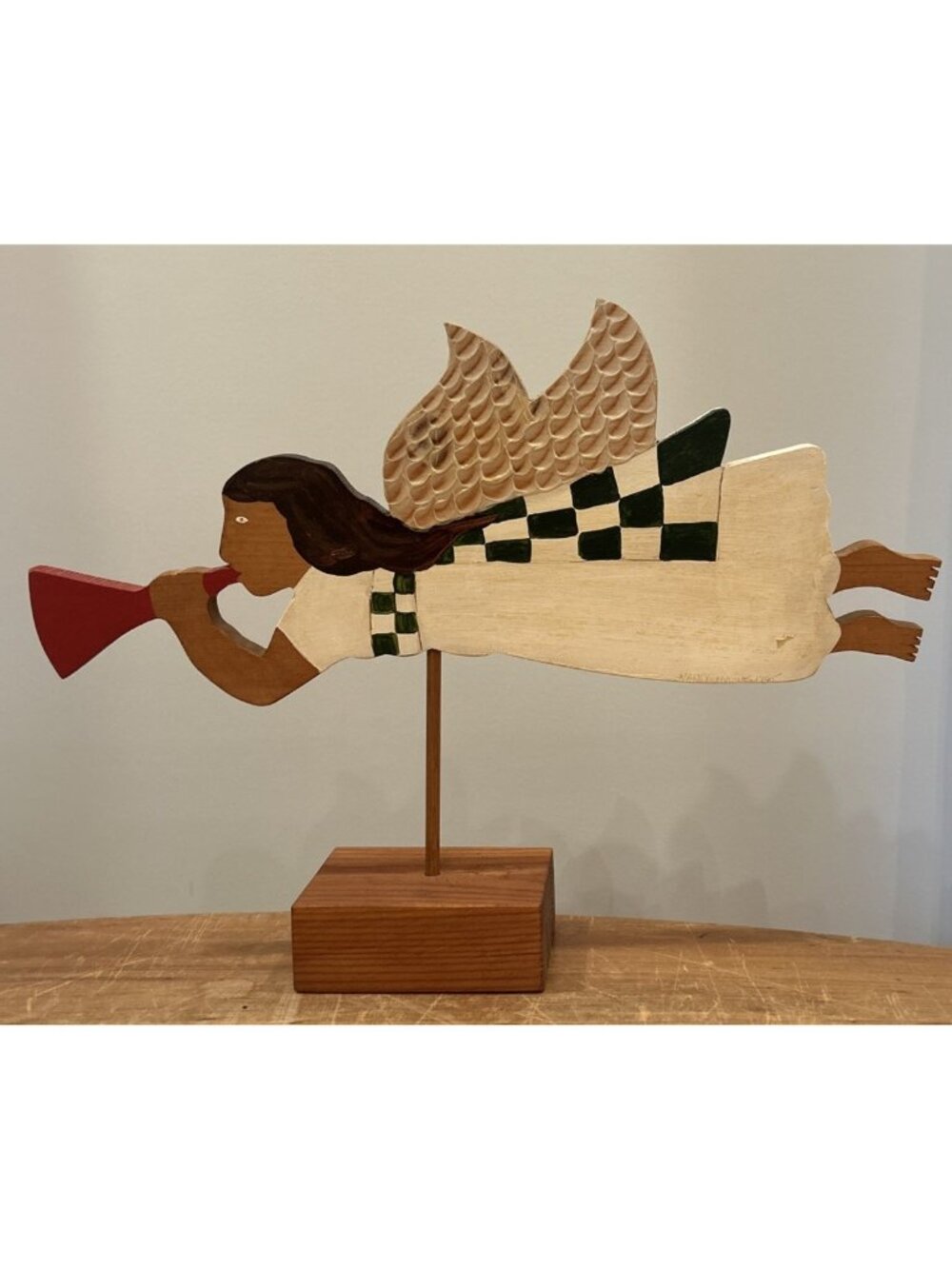 NANCY THOMAS 1995 Folk Art Carved Wood Painted Flying Angel on Block Stand 11" H